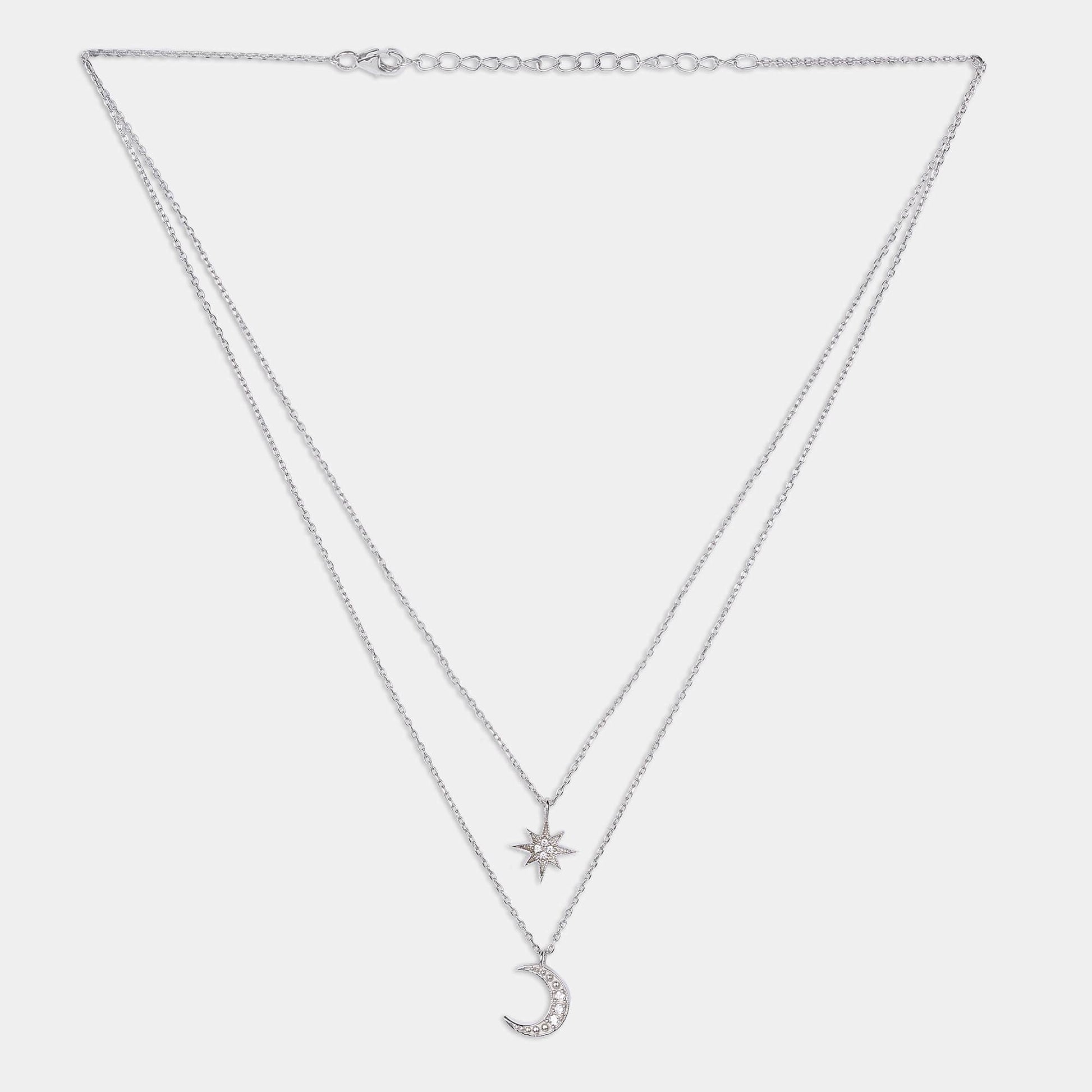 Discover our exquisite collection of sterling silver necklaces featuring a delicate moon pendant and a charming star pendant. Perfect for adding a touch of celestial elegance to any outfit.