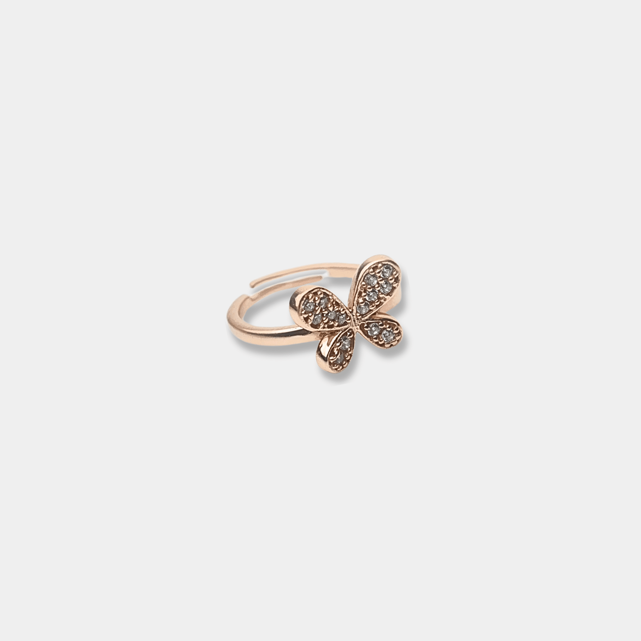 Sterling silver butterfly ring with diamond accents.